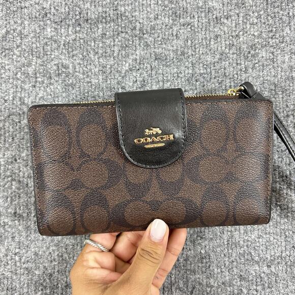 Coach Tech Phone Wallet Signature Canvas Brown Leather Wristlet Card Case - Picture 2 of 11